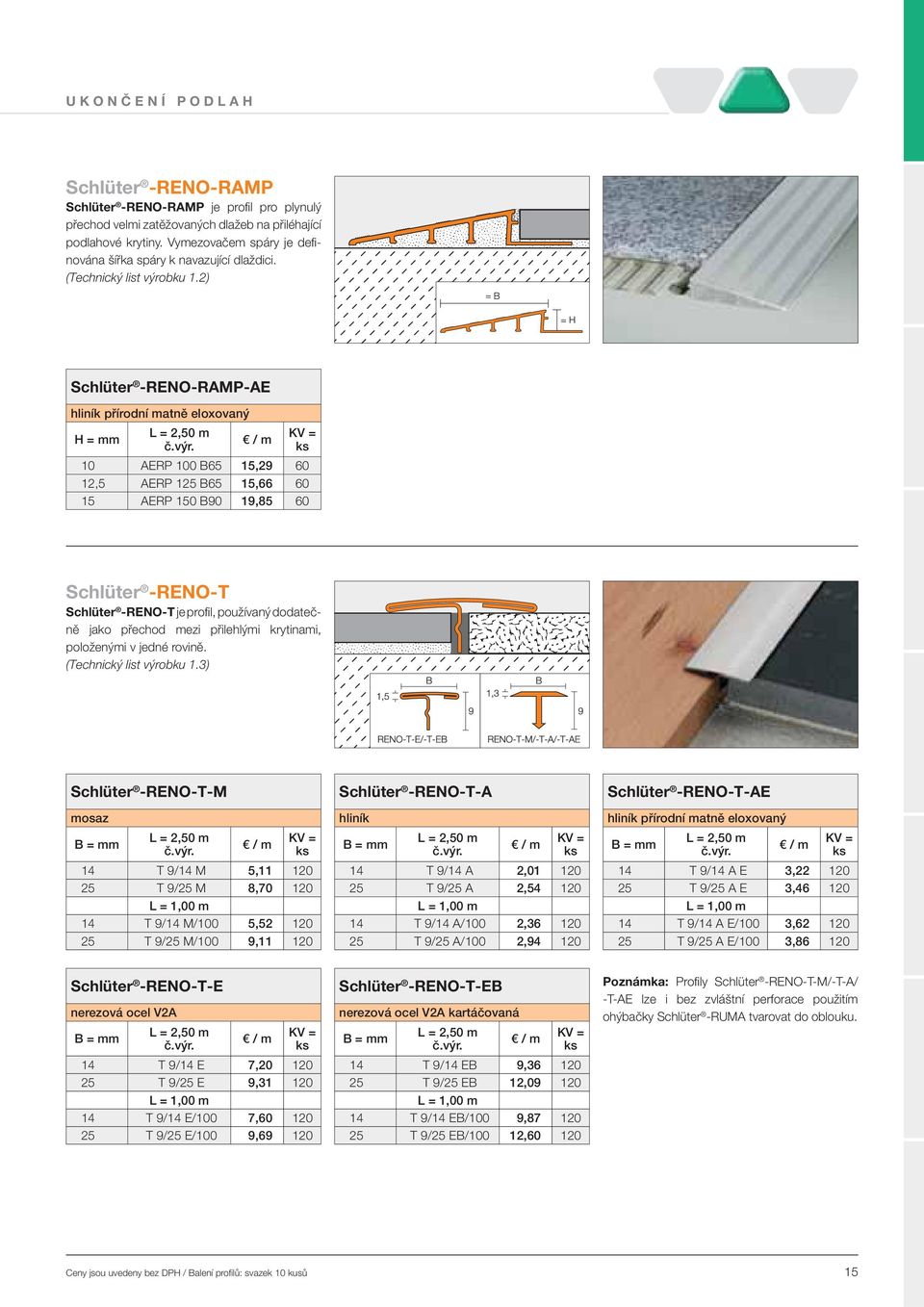 2) Schlüter -RENO-RAMP-AE hliník přírodní matně eloxovaný 10 AERP 100 B65 15,29 60 12,5 AERP 125 B65 15,66 60 15 AERP 150 B90 19,85 60 Schlüter -RENO-T Schlüter -RENO-T je profi l, používaný