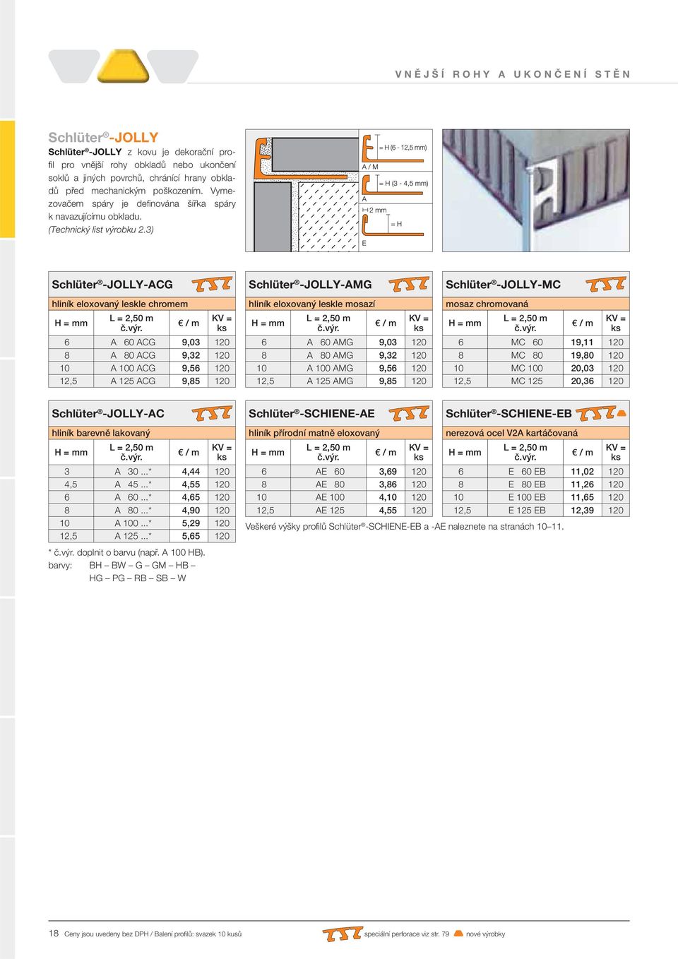 3) Schlüter -JOLLY-ACG hliník eloxovaný leskle chromem 6 A 60 ACG 9,03 120 8 A 80 ACG 9,32 120 10 A 100 ACG 9,56 120 12,5 A 125 ACG 9,85 120 Schlüter -JOLLY-AMG hliník eloxovaný leskle mosazí 6 A 60