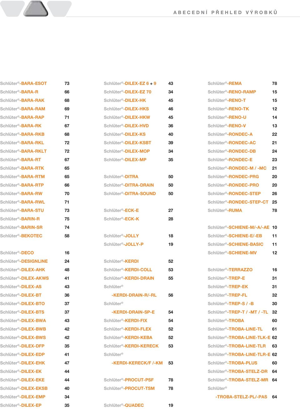 Schlüter -BARIN-SR 74 Schlüter -BEKOTEC 58 Schlüter -DECO 16 Schlüter -DESIGNLINE 24 Schlüter -DILEX-AHK 48 Schlüter -DILEX-AKWS 41 Schlüter -DILEX-AS 43 Schlüter -DILEX-BT 36 Schlüter -DILEX-BTO 37