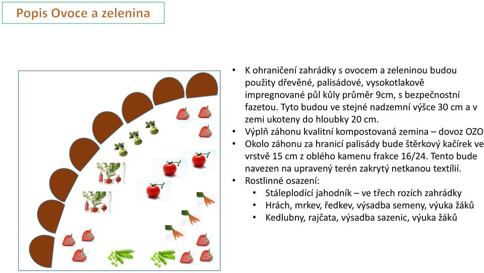 Výplň záhonu kvalitní kompostovaná zemina dovoz OZO Okolo záhonu za hranicí palisády bude štěrkový kačírek ve vrstvě 15 cm z oblého kamenu frakce 16/24.