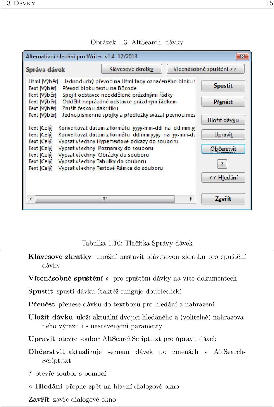 Spustit spustí dávku (taktéž funguje doubleclick) Přenést přenese dávku do textboxů pro hledání a nahrazení Uložit dávku uloží aktuální dvojici hledaného a