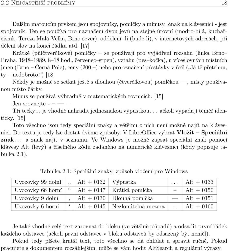 [17] Krátké (půlčtverčíkové) pomlčky se používají pro vyjádření rozsahu (linka Brno Praha, 1948 1989, 8 18 hod.