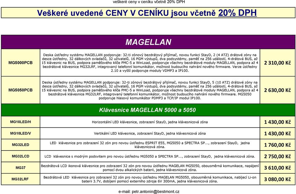 všechny bezdrátové moduly MAGELLAN, podpora až 4 bezdrátové klávesnice MG32LRF, integrovaný telefonní komunikátor, možnost budoucího nahrání nového firmware. Verze ústředny 2.