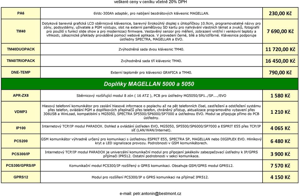 9cm, programovatelné názvy pro zóny, podsystémy, uživatele a PGM výstupy, slot na externí paměťovou SD kartu pro nahrávání vlastních témat a zvuků, fotografií pro použití s funkcí slide show a pro