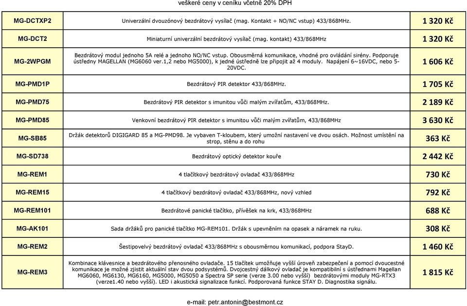 Podporuje ústředny MAGELLAN (MG6060 ver.1,2 nebo MG5000), k jedné ústředně lze připojit až 4 moduly. Napájení 6~16VDC, nebo 5-20VDC. Bezdrátový PIR detektor 433/868MHz.