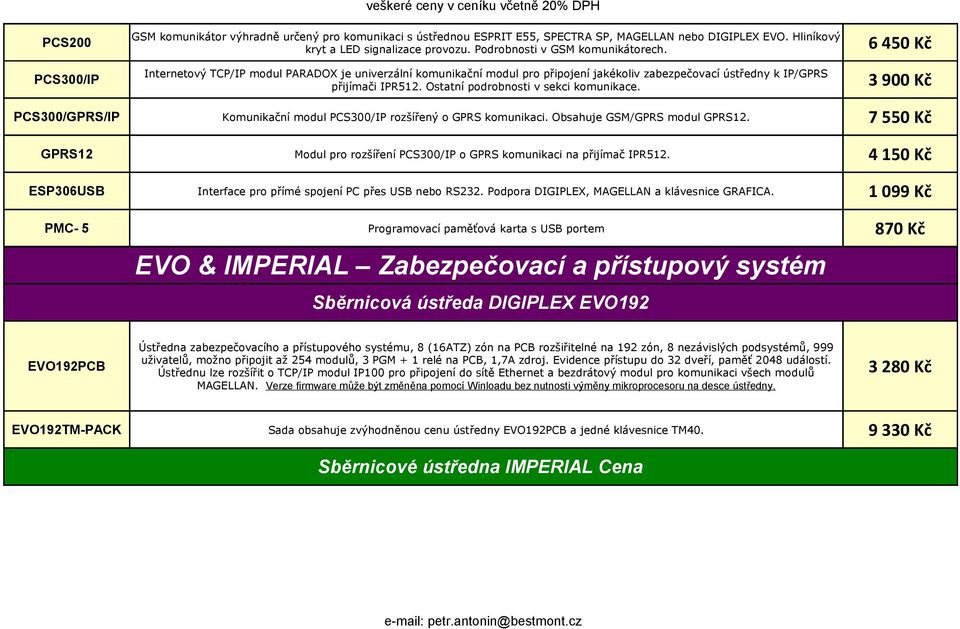 Internetový TCP/IP modul PARADOX je univerzální komunikační modul pro připojení jakékoliv zabezpečovací ústředny k IP/GPRS přijímači IPR512. Ostatní podrobnosti v sekci komunikace.