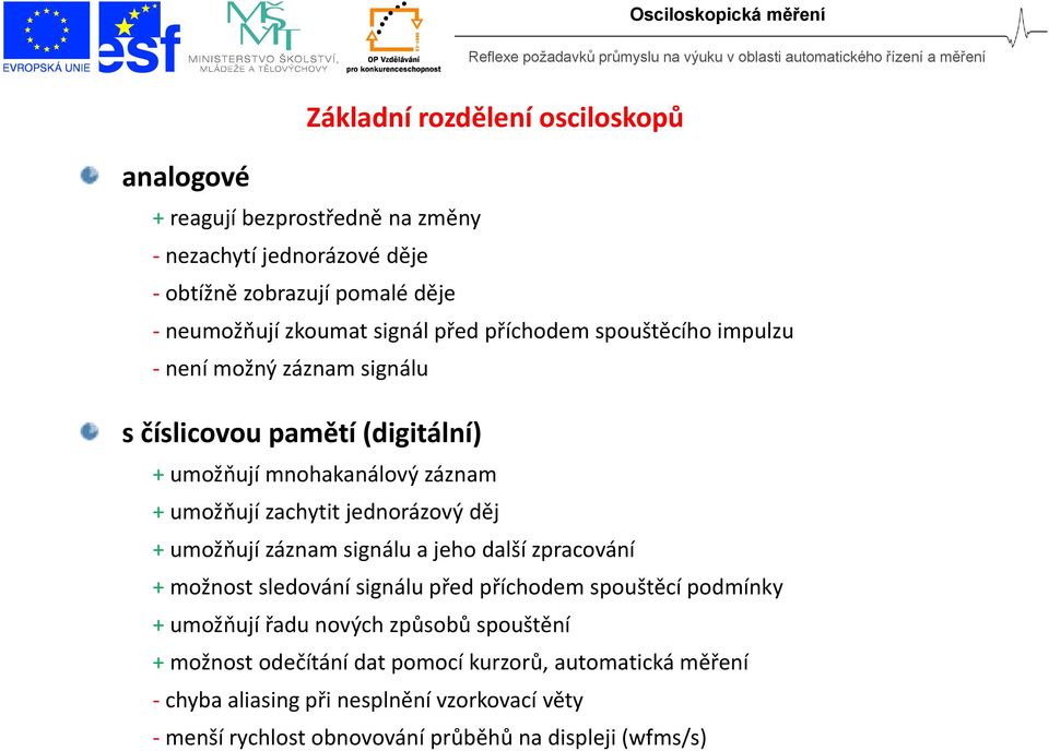 děj + umožňují záznam signálu a jeho další zpracování + možnost sledování signálu před příchodem spouštěcí podmínky + umožňují řadu nových způsobů spouštění