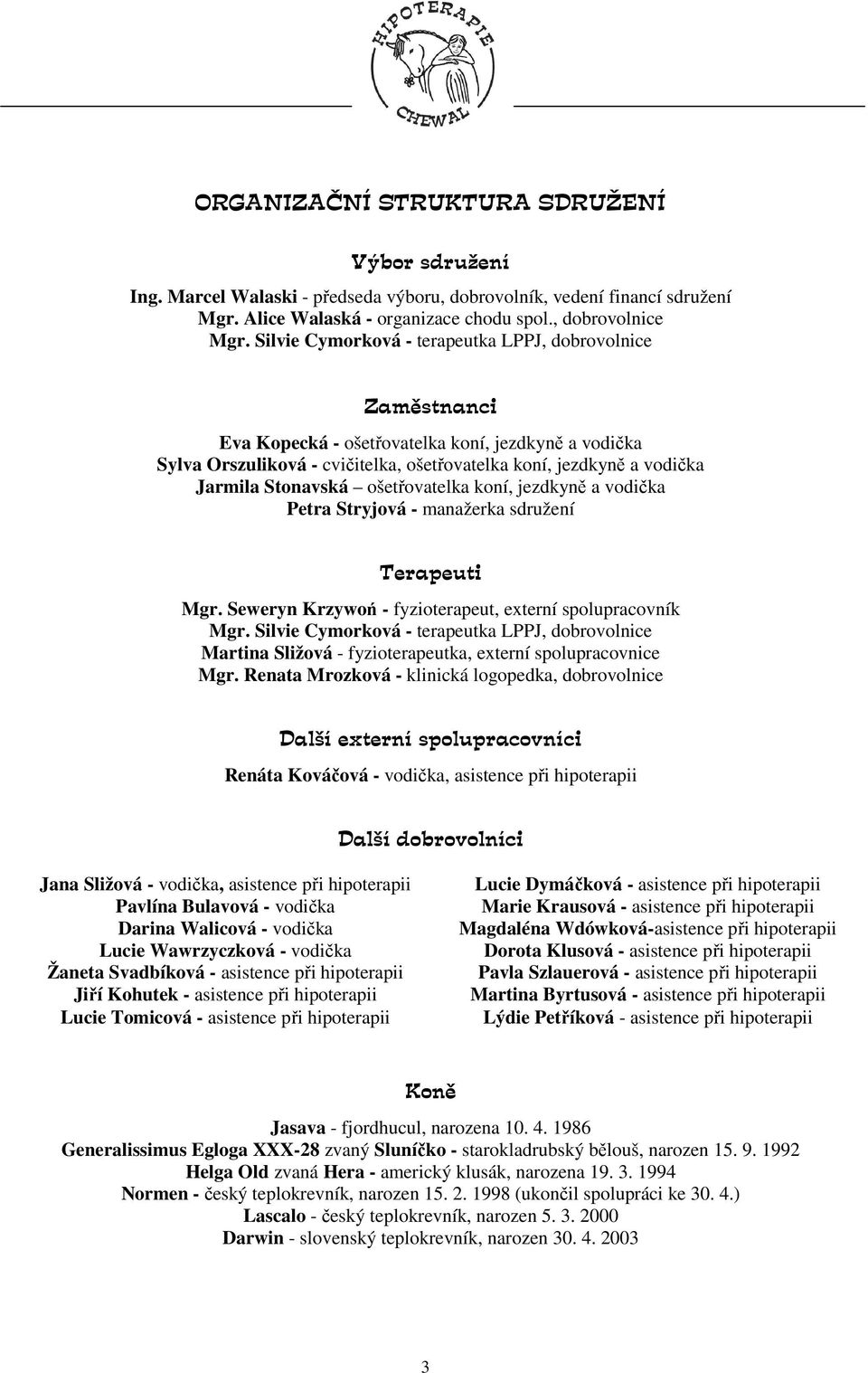 Stonavská ošetřovatelka koní, jezdkyně a vodička Petra Stryjová - manažerka sdružení Terapeuti Mgr. Seweryn Krzywoń - fyzioterapeut, externí spolupracovník Mgr.