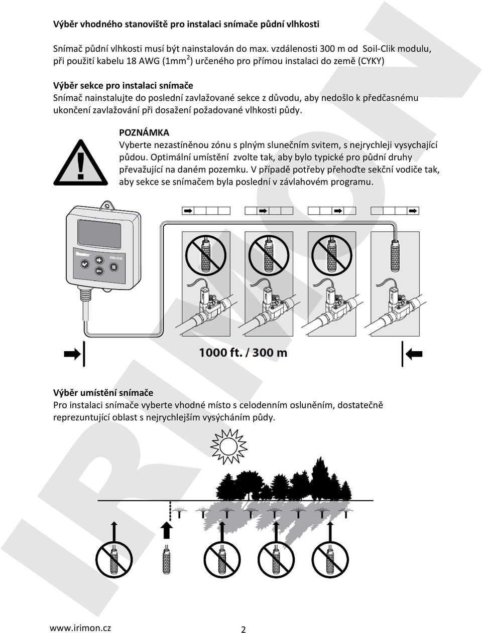 sekce z důvodu, aby nedošlo k předčasnému ukončení zavlažování při dosažení požadované vlhkosti půdy. POZNÁMKA Vyberte nezastíněnou zónu s plným slunečním svitem, s nejrychleji vysychající půdou.