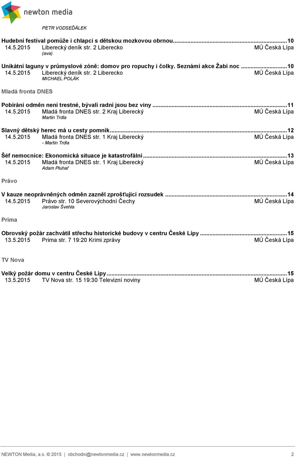 2 Liberecko MÚ Česká Lípa MICHAEL POLÁK Mladá fronta DNES Pobírání odměn není trestné, bývalí radní jsou bez viny... 11 14.5.2015 Mladá fronta DNES str.