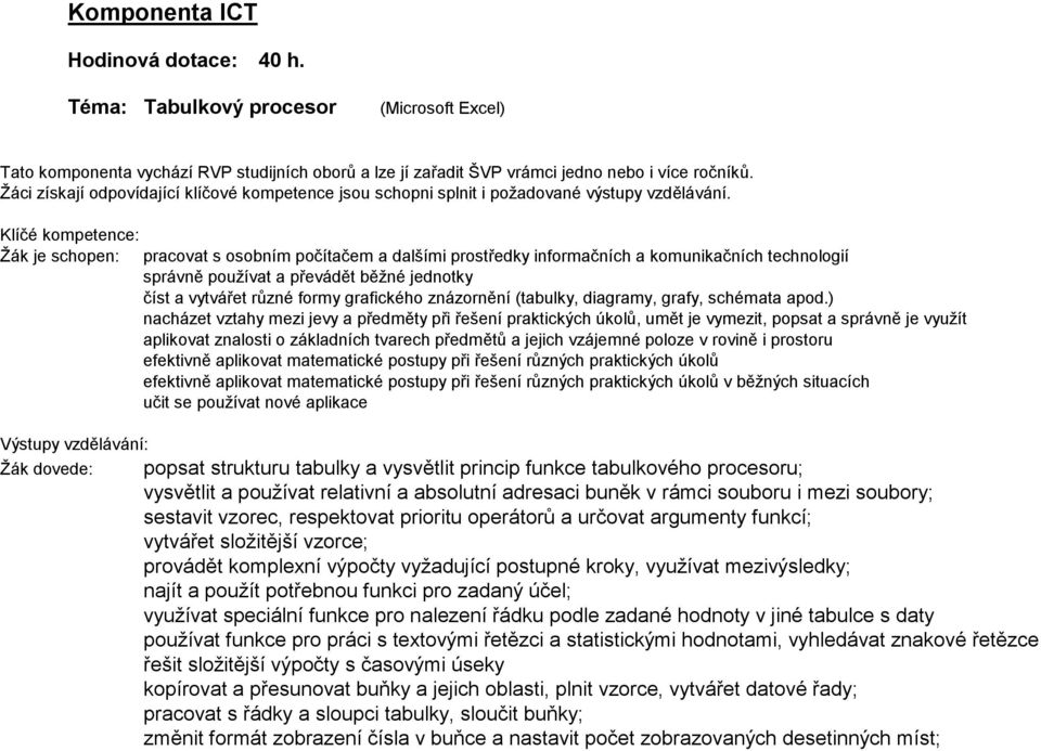 Klíčé kompetence: Ţák je schopen: pracovat s osobním počítačem a dalšími prostředky informačních a komunikačních technologií správně pouţívat a převádět běţné jednotky číst a vytvářet různé formy