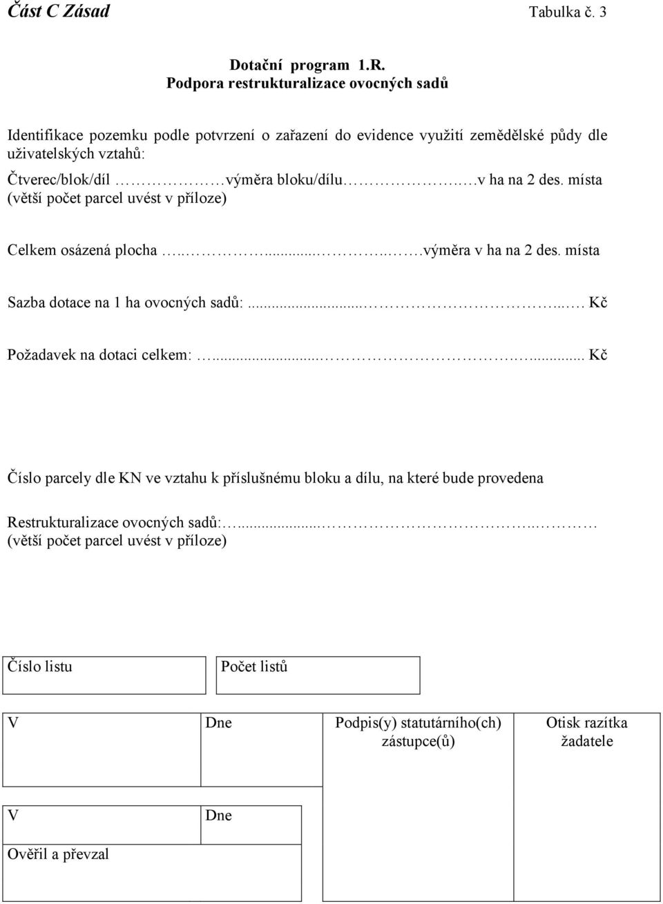 bloku/dílu..v ha na 2 des. místa (větší počet parcel uvést v příloze) Celkem osázená plocha........výměra v ha na 2 des. místa Sazba dotace na 1 ha ovocných sadů:.