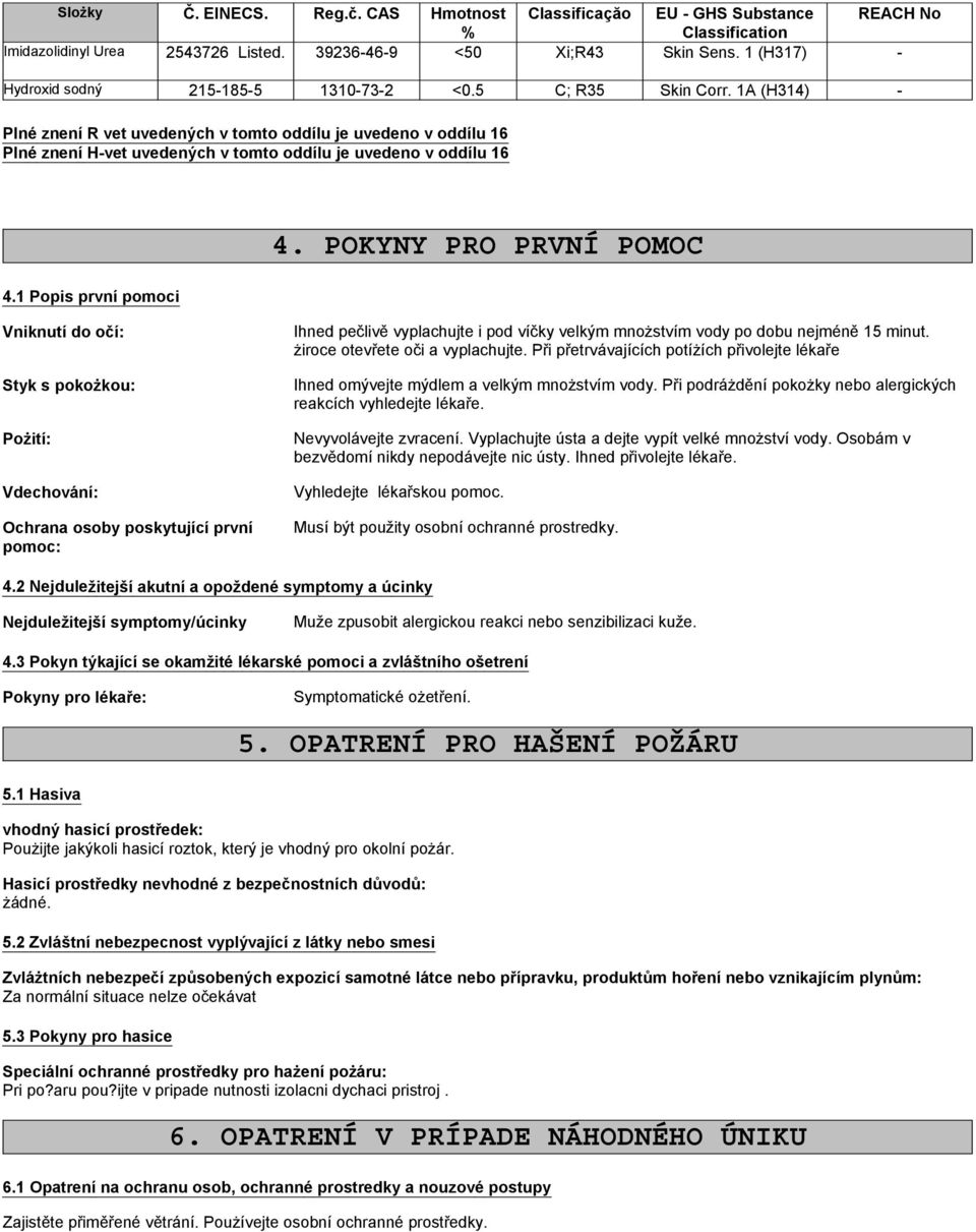 1A (H314) - Plné znení R vet uvedených v tomto oddílu je uvedeno v oddílu 16 Plné znení H-vet uvedených v tomto oddílu je uvedeno v oddílu 16 4.1 Popis první pomoci 4.