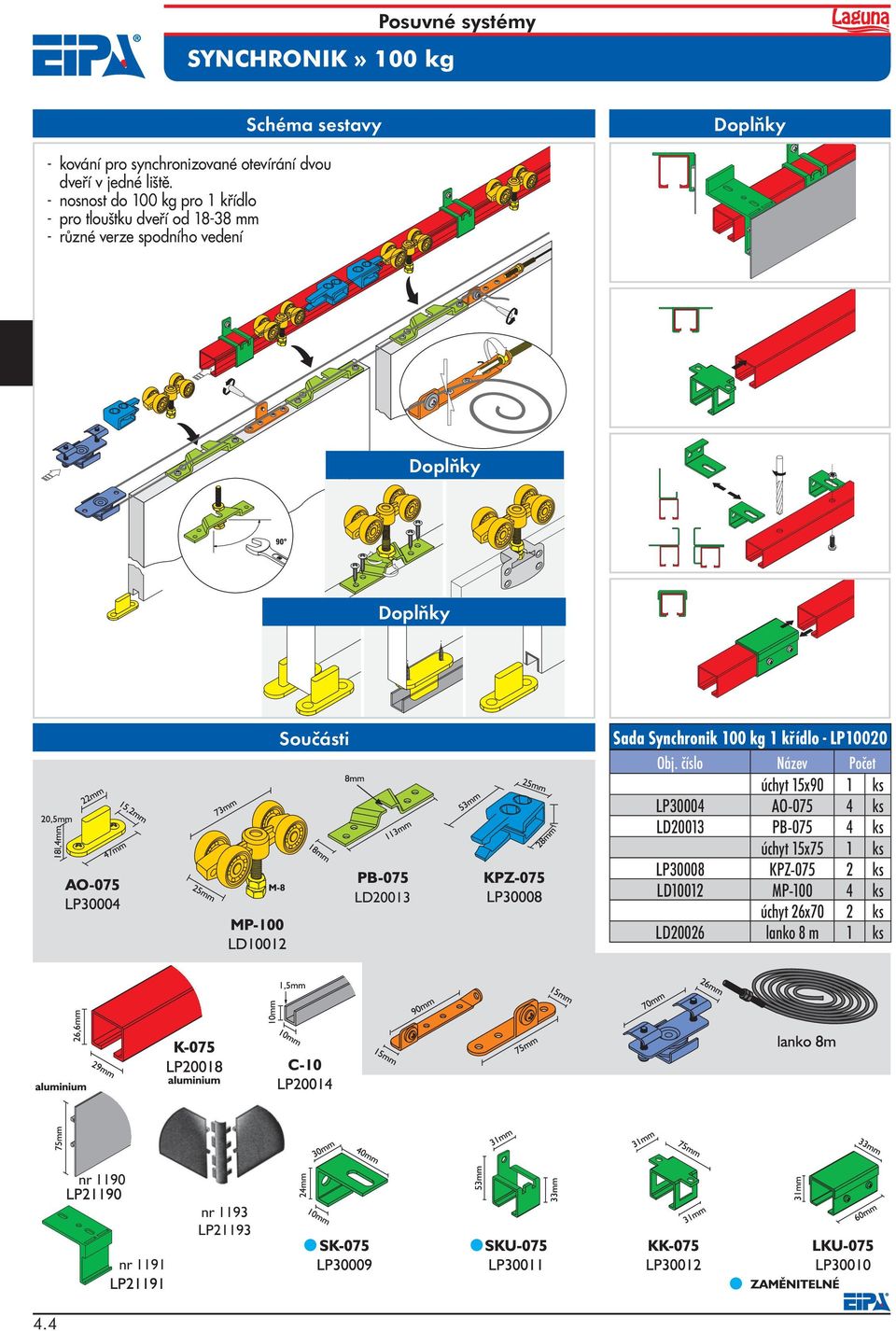 Sada Synchronik 100 kg 1 křídlo - LP10020 úchyt 15x90 1 ks LP30004 AO-075 4 ks LD20013 PB-075 4 ks úchyt