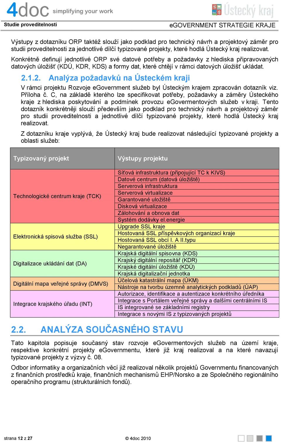 1.2. Analýza poţadavků na Ústeckém kraji V rámci projektu Rozvoje egovernment služeb byl Ústeckým krajem zpracován dotazník viz. Příloha č.