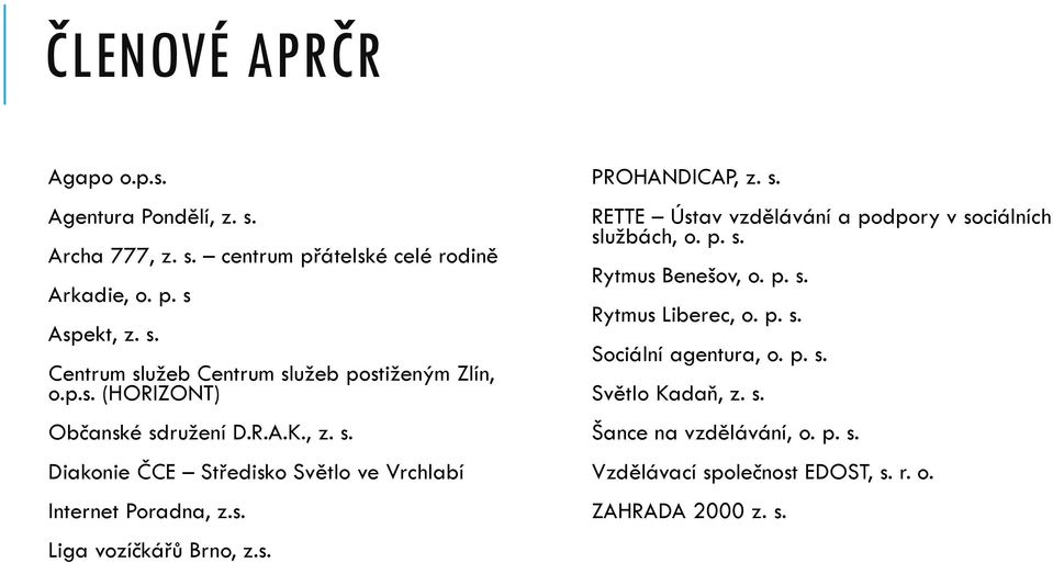 s. RETTE Ústav vzdělávání a podpory v sociálních službách, o. p. s. Rytmus Benešov, o. p. s. Rytmus Liberec, o. p. s. Sociální agentura, o. p. s. Světlo Kadaň, z.