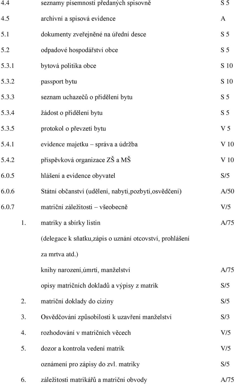 0.6 Státní občanství (udělení, nabytí,pozbytí,osvědčení) A/50 6.0.7 matriční záležitosti všeobecně V/5 1.