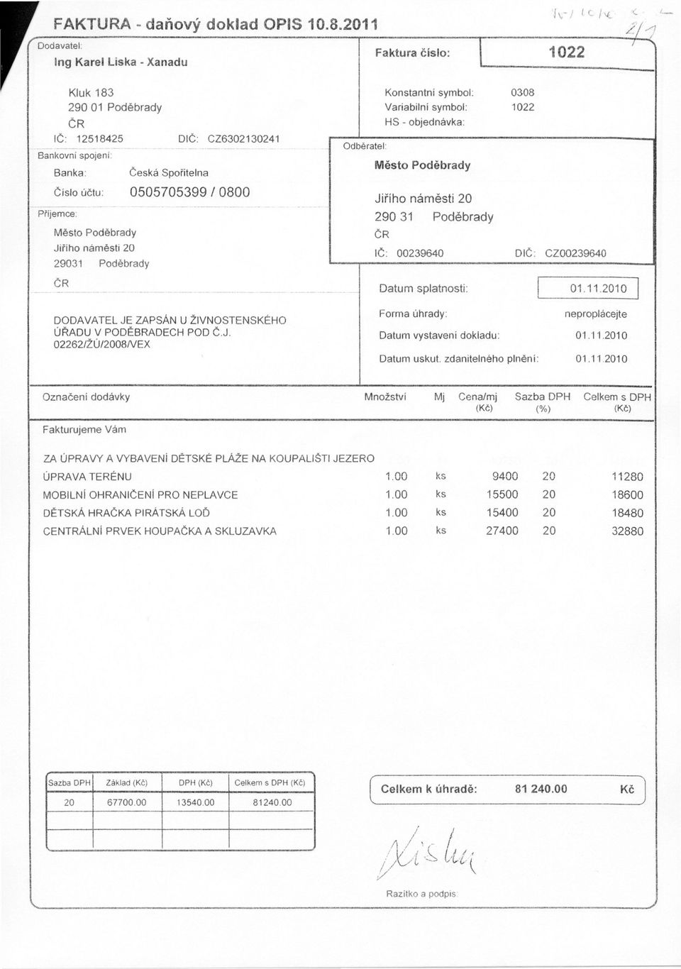 HS - objednávka: Odběratel: 0308 1022 číslo účtu.