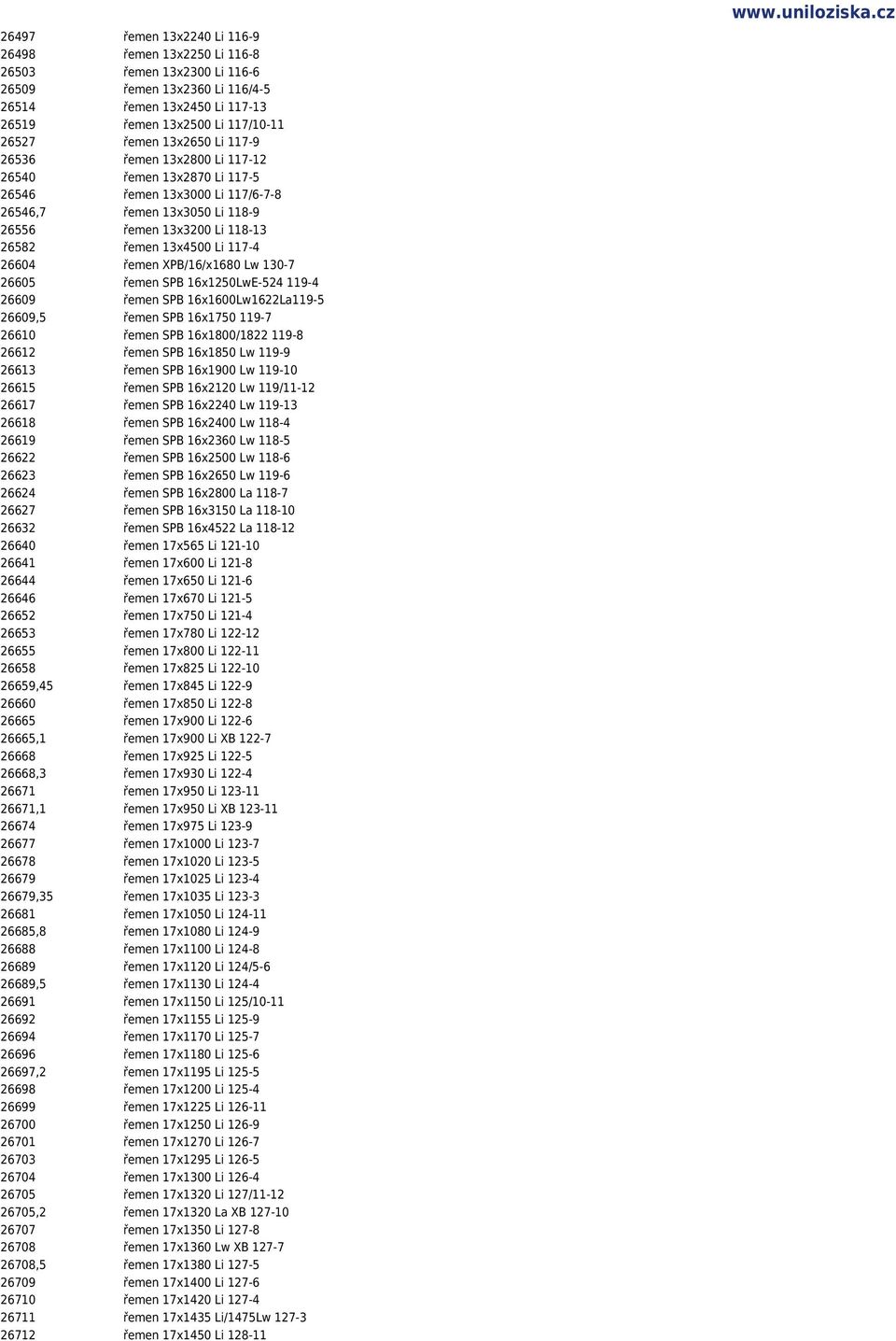 26604 øemen XPB/16/x1680 Lw 130-7 26605 øemen SPB 16x1250LwE-524 119-4 26609 øemen SPB 16x1600Lw1622La119-5 26609,5 øemen SPB 16x1750 119-7 26610 øemen SPB 16x1800/1822 119-8 26612 øemen SPB 16x1850