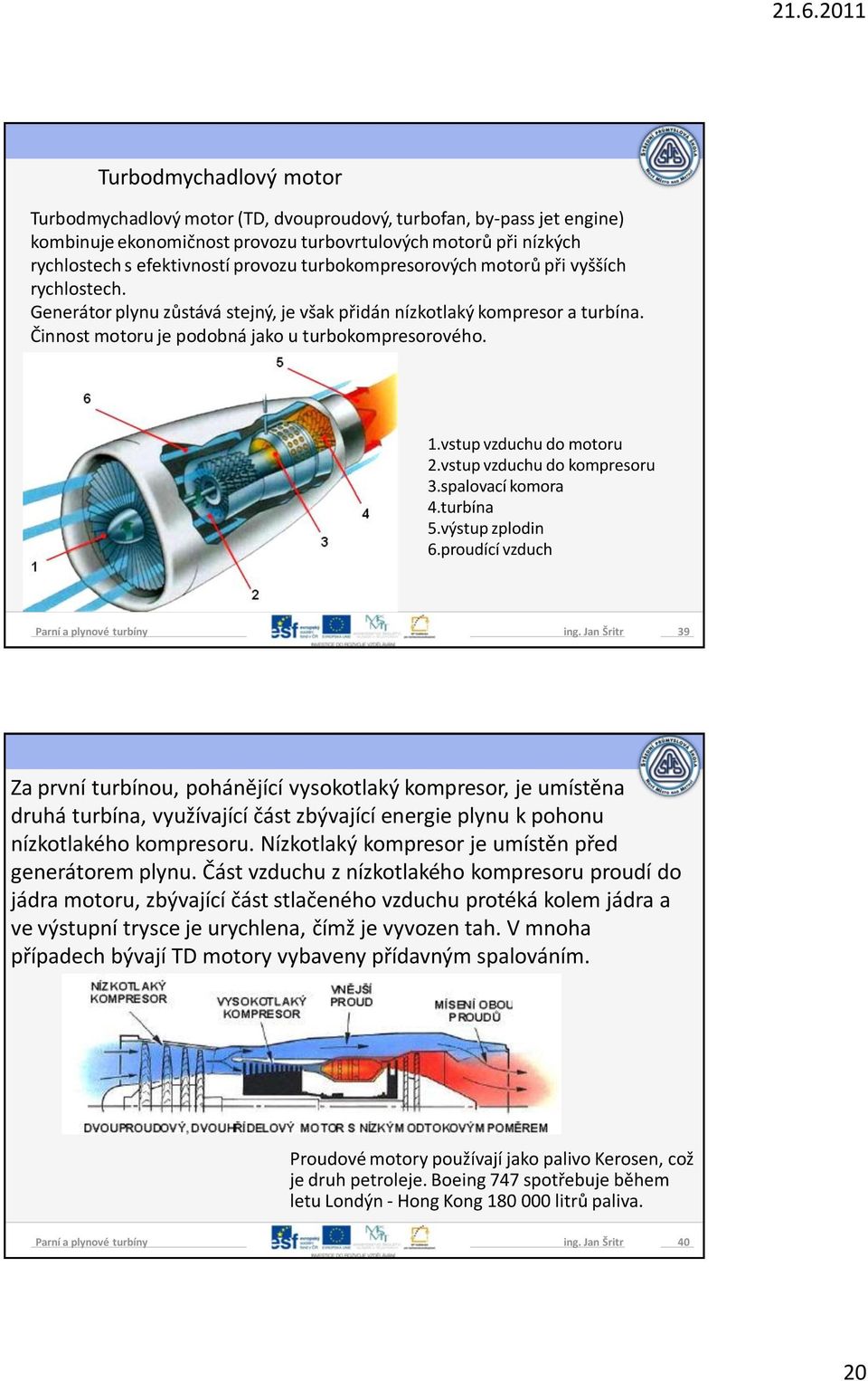 vstup vzduchu do motoru 2.vstup vzduchu do kompresoru 3.spalovací komora 4.turbína 5.výstup zplodin 6.