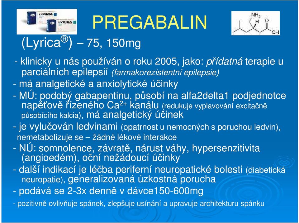 u nemocných s poruchou ledvin), nemetabolizuje se žádné lékové interakce - NÚ: somnolence, závratě, nárust váhy, hypersenzitivita (angioedém), oční nežádoucí účinky - další indikací je léčba