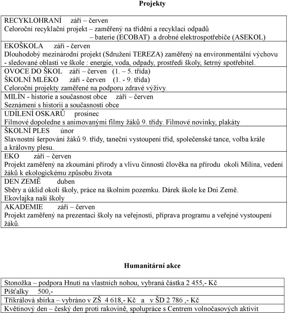 třída) ŠKOLNÍ MLÉKO září - červen (1. - 9. třída) Celoroční projekty zaměřené na podporu zdravé výživy.