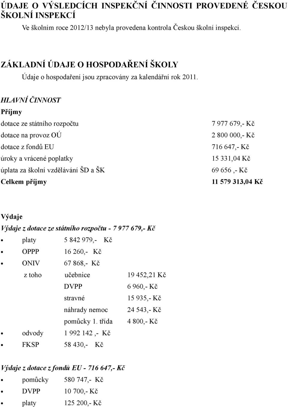HLAVNÍ ČINNOST Příjmy dotace ze státního rozpočtu dotace na provoz OÚ dotace z fondů EU úroky a vrácené poplatky úplata za školní vzdělávání ŠD a ŠK Celkem příjmy 7 977 679,- Kč 2 800 000,- Kč 716