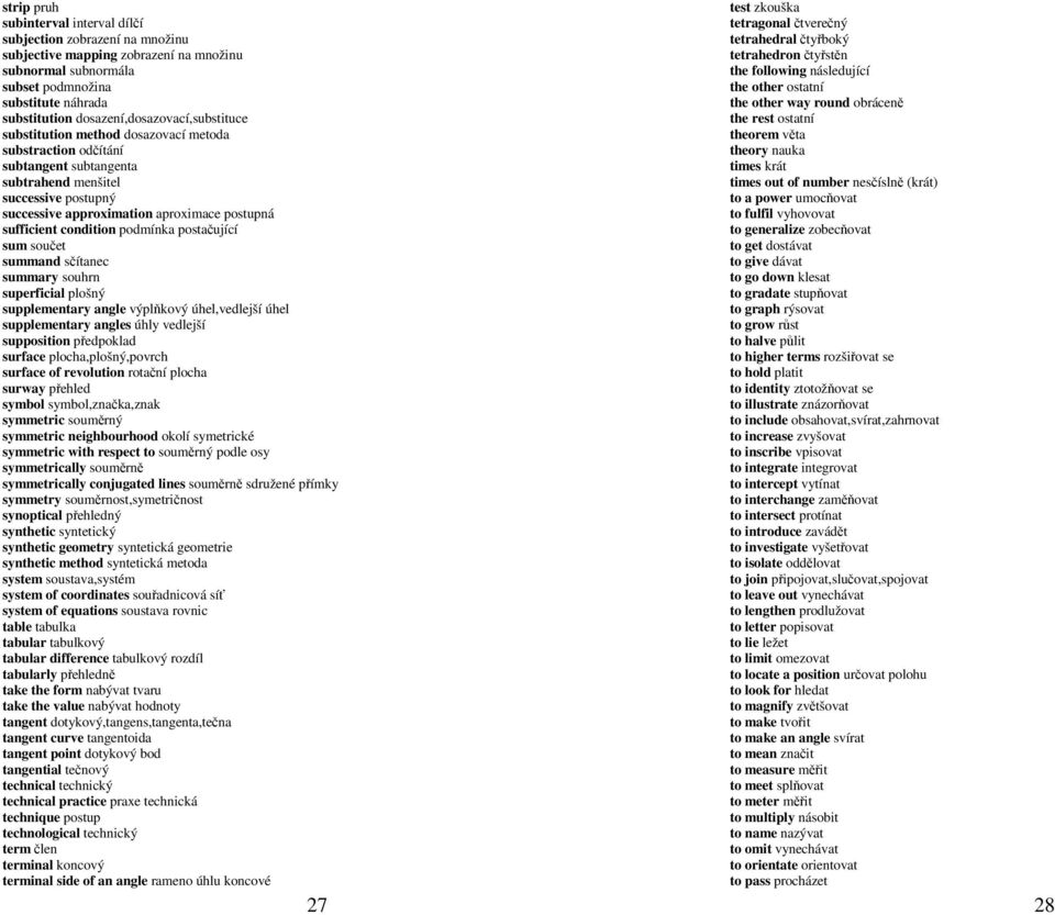 sufficient condition podmínka postačující sum součet summand sčítanec summary souhrn superficial plošný supplementary angle výplňkový úhel,vedlejší úhel supplementary angles úhly vedlejší supposition