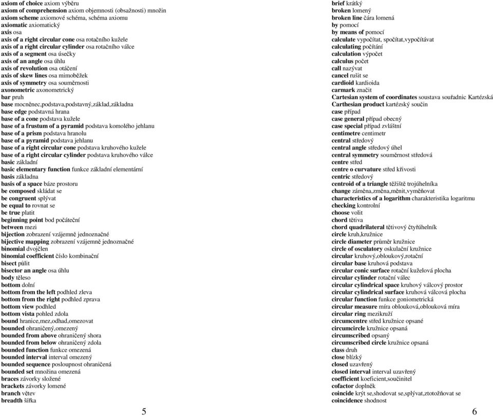 symmetry osa souměrnosti axonometric axonometrický bar pruh base mocněnec,podstava,podstavný,základ,základna base edge podstavná hrana base of a cone podstava kužele base of a frustum of a pyramid