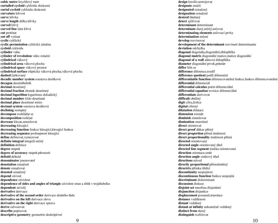 cylindrical space válcový prostor cylindrical surface eliptická válcová plocha,válcová plocha dashed čárkovaný decadic number system soustava desítková decagon desetiúhelník decimal desetinný decimal