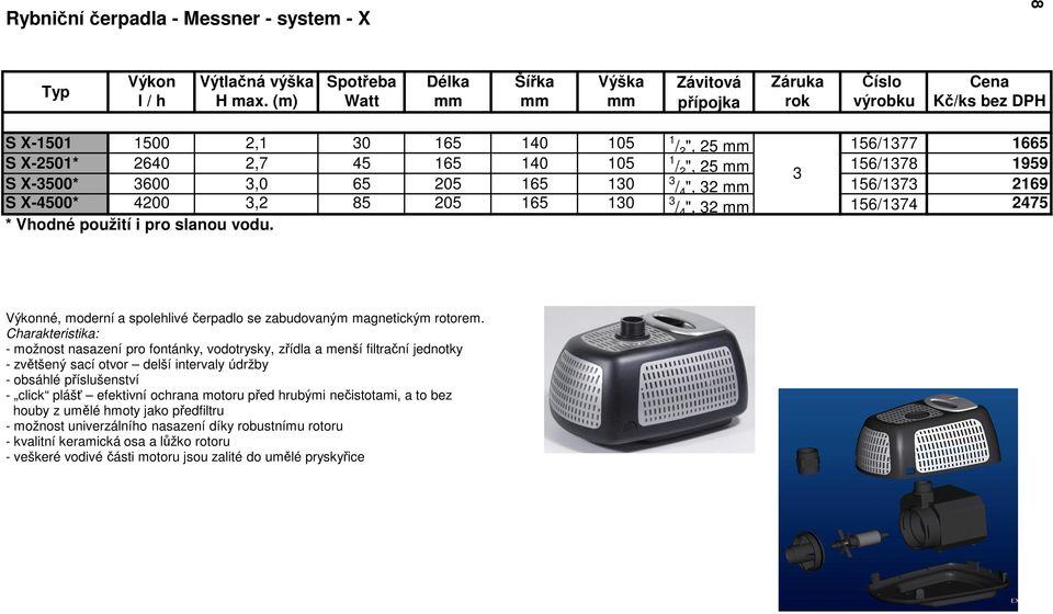 65 205 165 130 3 / 4 ", 32 mm 156/1373 2169 S X-4500* 4200 3,2 85 205 165 130 3 / 4 ", 32 mm 156/1374 2475 * Vhodné použití i pro slanou vodu.