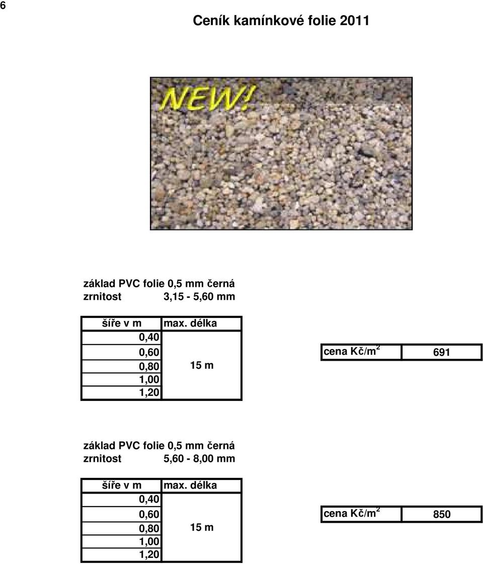 délka 0,40 0,60 cena Kč/m 2 691 0,80 15 m 1,00 1,20 základ PVC