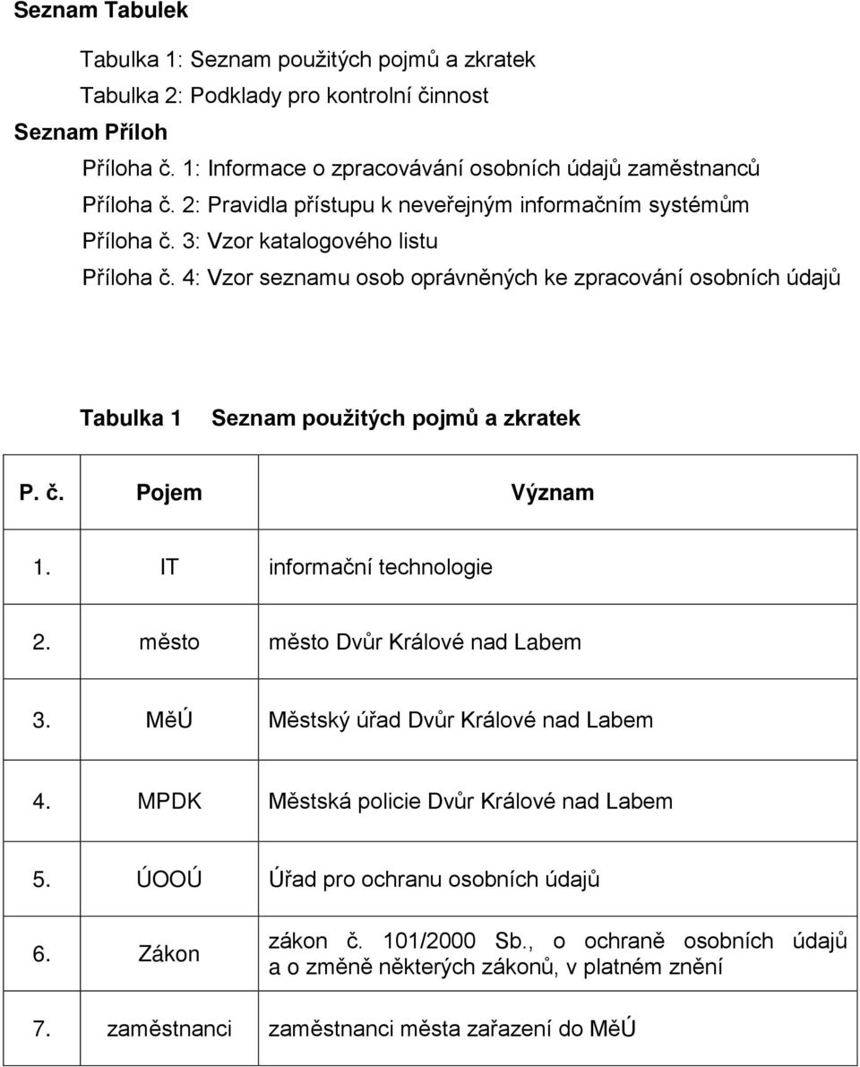 4: Vzor seznamu osob oprávněných ke zpracování osobních údajů Tabulka 1 Seznam použitých pojmů a zkratek P. č. Pojem Význam 1. IT informační technologie 2.