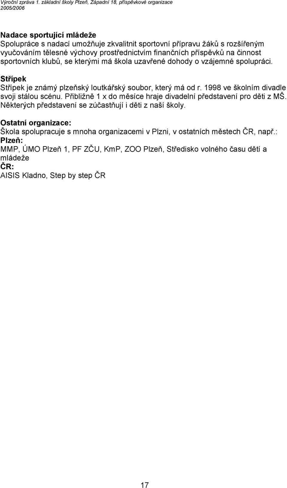 1998 ve školním divadle svoji stálou scénu. Přibližně 1 x do měsíce hraje divadelní představení pro děti z MŠ. Některých představení se zúčastňují i děti z naší školy.