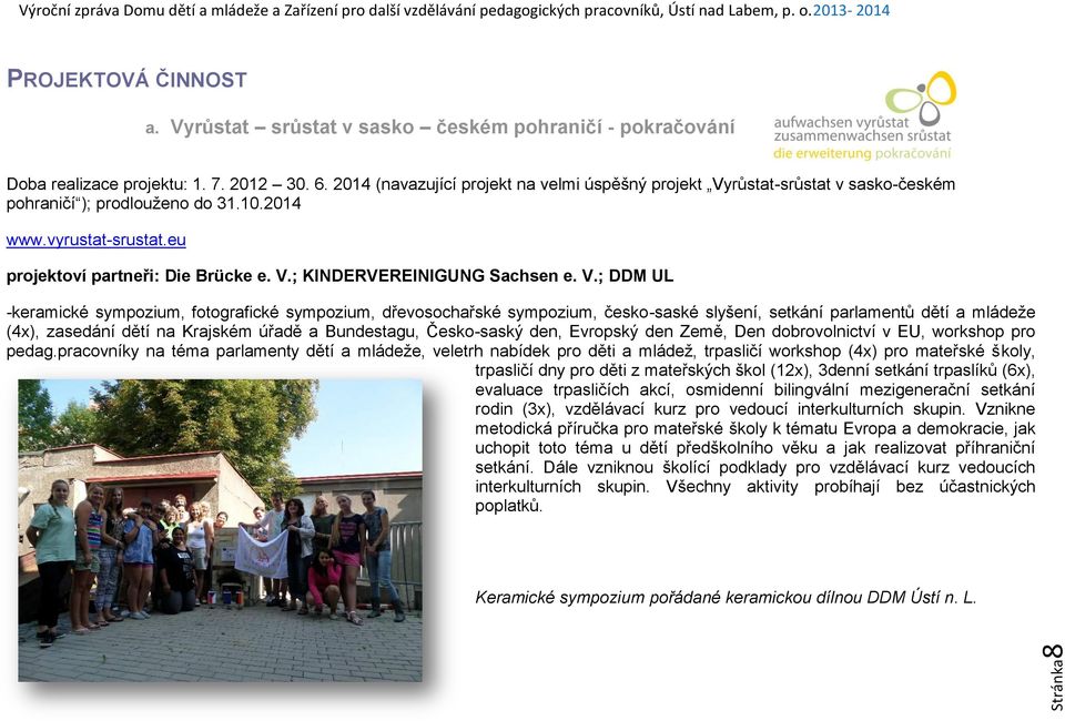 V.; DDM UL -keramické sympozium, fotografické sympozium, dřevosochařské sympozium, česko-saské slyšení, setkání parlamentů dětí a mládeže (4x), zasedání dětí na Krajském úřadě a Bundestagu,