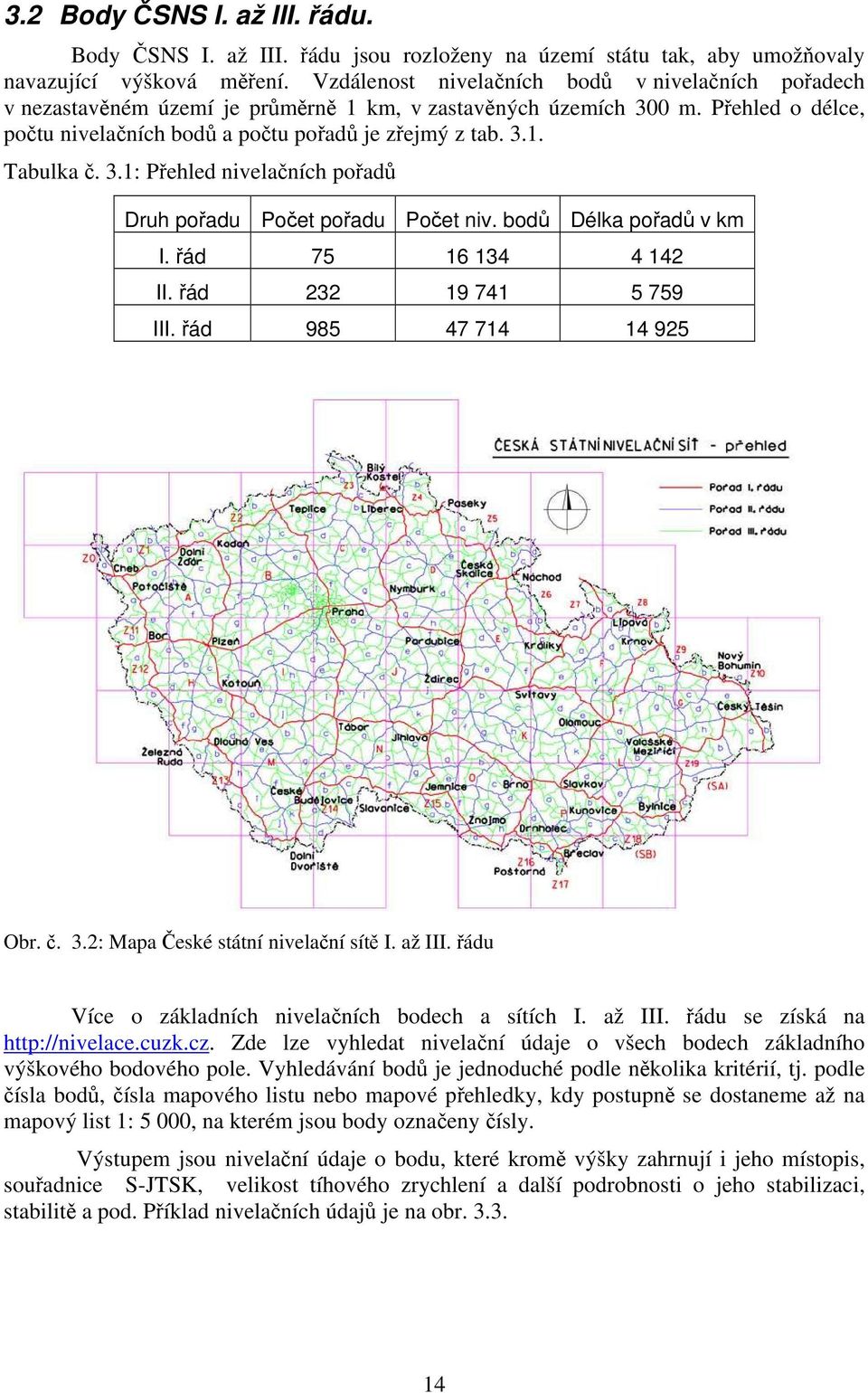 3.1: Přehled nivelačních pořadů Druh pořadu Počet pořadu Počet niv. bodů Délka pořadů v km I. řád 75 16 134 4 142 II. řád 232 19 741 5 759 III. řád 985 47 714 14 925 Obr. č. 3.