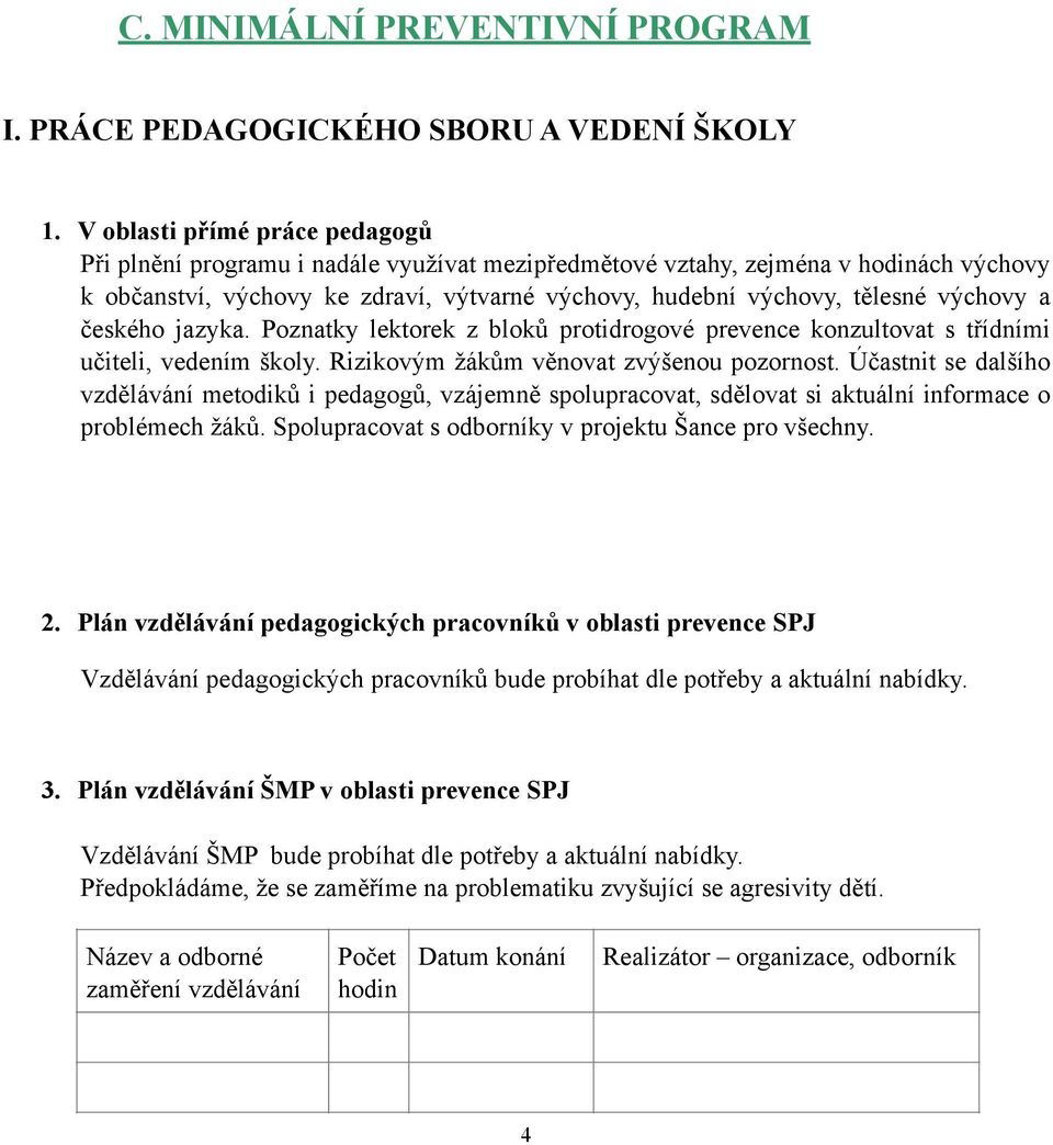 výchovy a českého jazyka. Poznatky lektorek z bloků protidrogové prevence konzultovat s třídními učiteli, vedením školy. Rizikovým žákům věnovat zvýšenou pozornost.