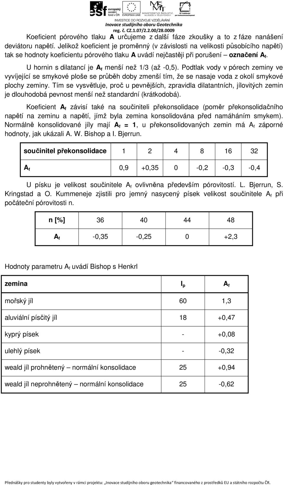 U hornin s dilatancí je A f menší než 1/3 (až -0,5). Podtlak vody v pórech zeminy ve vyvíjející se smykové ploše se průběh doby zmenší tím, že se nasaje voda z okolí smykové plochy zeminy.