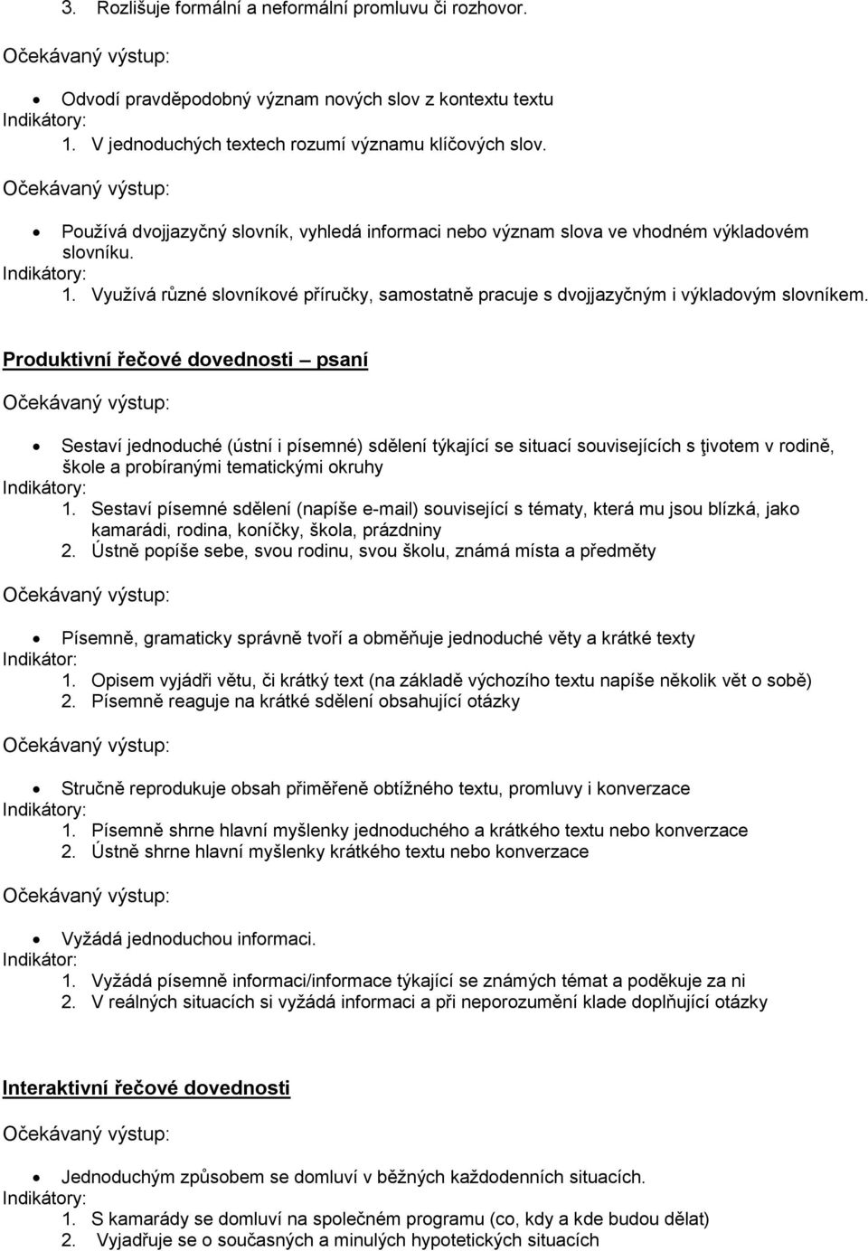 Produktivní řečové dovednosti psaní Sestaví jednoduché (ústní i písemné) sdělení týkající se situací souvisejících s ţivotem v rodině, škole a probíranými tematickými okruhy 1.