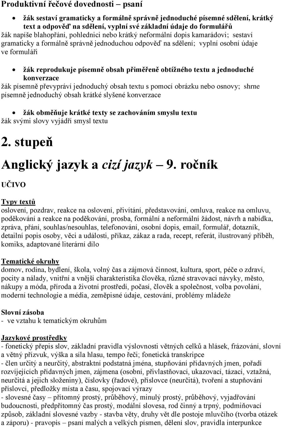 přiměřeně obtížného textu a jednoduché konverzace žák písemně převypráví jednoduchý obsah textu s pomocí obrázku nebo osnovy; shrne písemně jednoduchý obsah krátké slyšené konverzace žák obměňuje