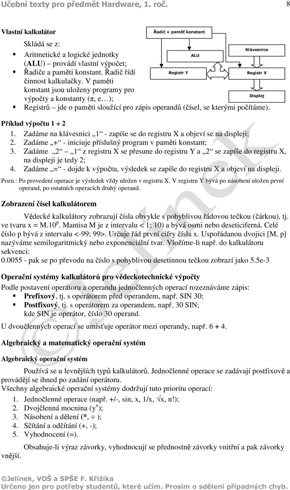 Zadáme na klávesnici 1 - zapíše se do registru X a objeví se na displeji; 2. Zadáme + - iniciuje příslušný program v paměti konstant; 3.