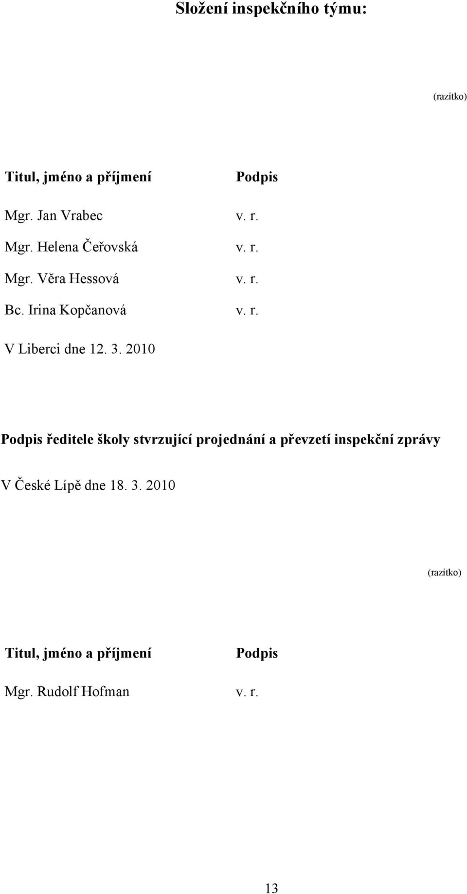 3. 2010 Podpis ředitele školy stvrzující projednání a převzetí inspekční zprávy V České