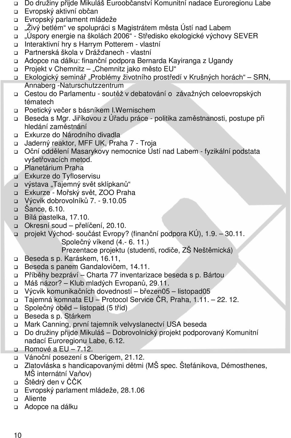 Projekt v Chemnitz Chemnitz jako město EU Ekologický seminář Problémy životního prostředí v Krušných horách SRN, Annaberg -Naturschutzzentrum Cestou do Parlamentu - soutěž v debatování o závažných