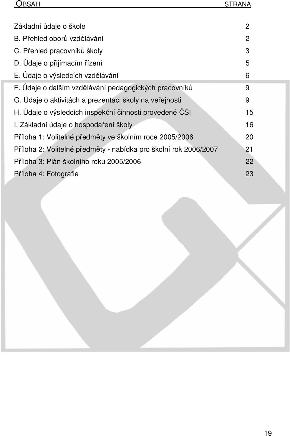 Údaje o aktivitách a prezentaci školy na veřejnosti 9 H. Údaje o výsledcích inspekční činnosti provedené ČŠI 15 I.