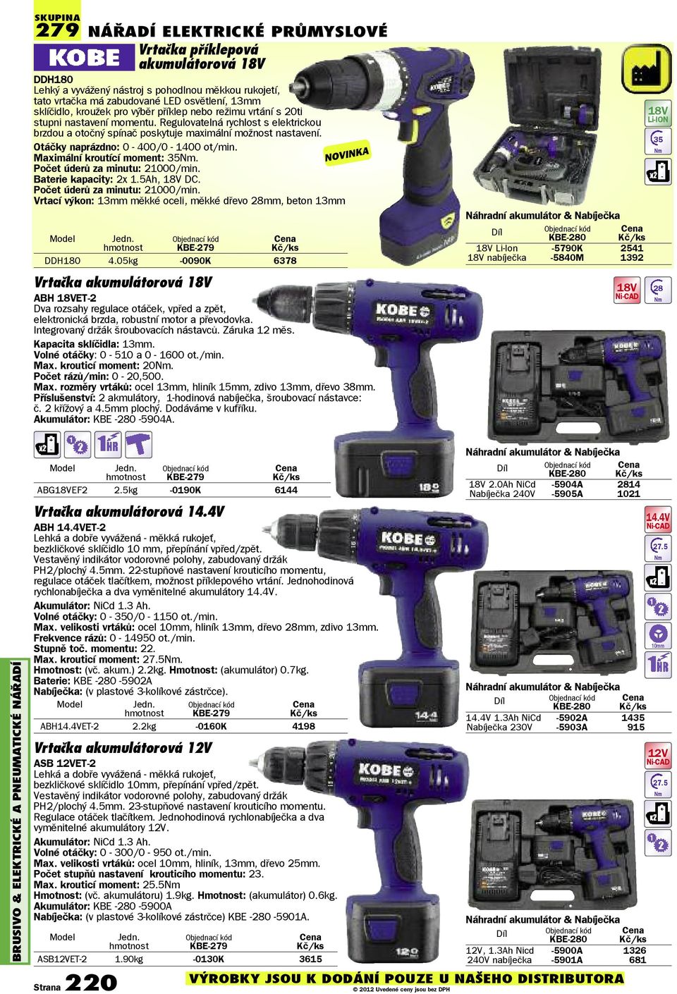 Otáčky naprázdno: 0-400/0-1400 ot/min. Maximální kroutící moment: 35Nm. Počet úderů za minutu: 21000/min. Baterie kapacity: 2x 1.5Ah, 18V DC. Počet úderů za minutu: 21000/min. Vrtací výkon: 13mm měkké oceli, měkké dřevo 28mm, beton 13mm Model KBE-279 DDH180 4.