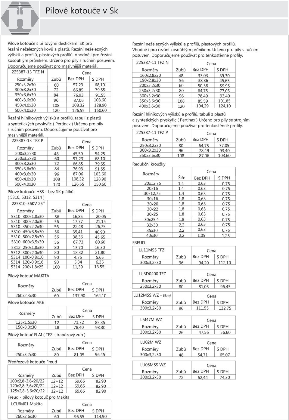225387-13 TFZ N Bez DPH 250x3,2x 0x3,2x 350x3,6x 400x3,6x 450x4,0x 500x4,0x 60 57,23 68, 72 84 96 8 120 66,85 76,93 87,06 8,32 126,55 79,55 91,55 3,60 128,90 150,60 Øezání hliníkových výliskù a