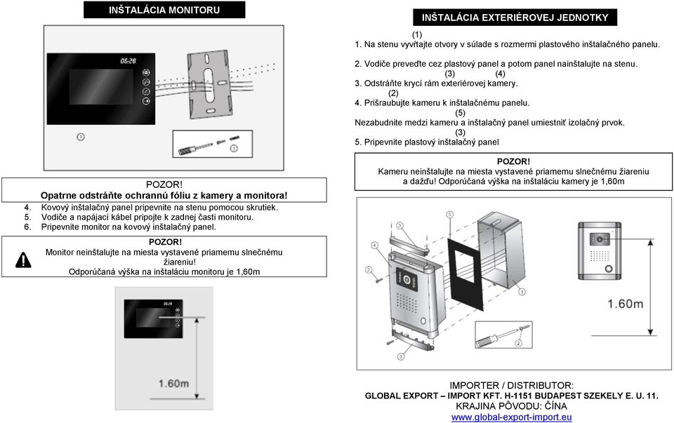 (5) Nezabudnite medzi kameru a inštalačný panel umiestniť izolačný prvok. (3) 5. Pripevnite plastový inštalačný panel Opatrne odstráňte ochrannú fóliu z kamery a monitora! 4.