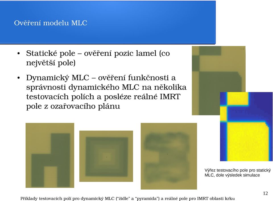 pole z ozařovacího plánu Výřez testovacího pole pro statický MLC, dole výsledek simulace 12