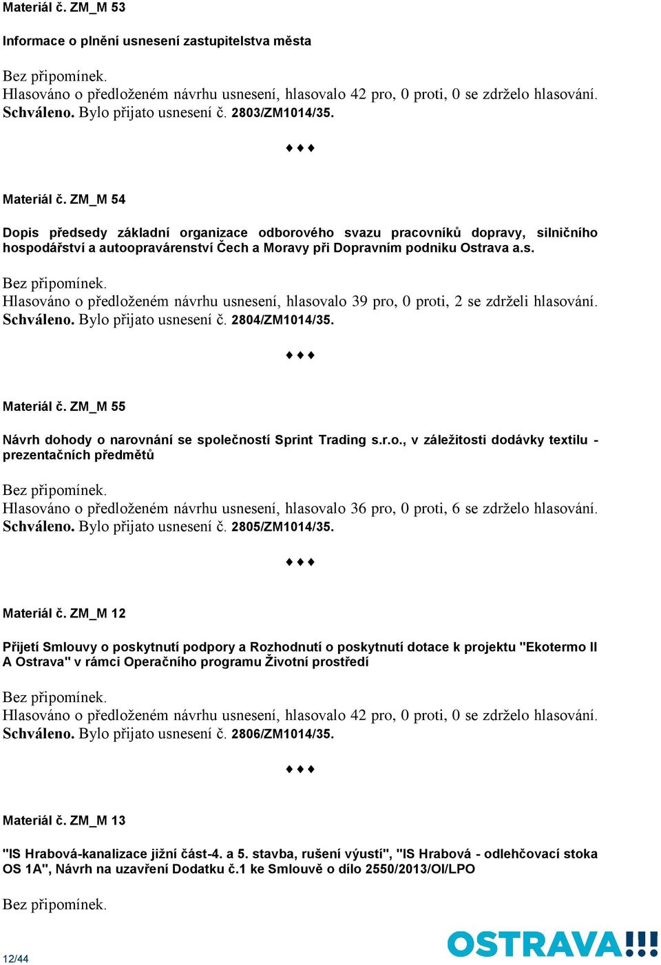 Schváleno. Bylo přijato usnesení č. 2804/ZM1014/35. Materiál č. ZM_M 55 Návrh dohody o narovnání se společností Sprint Trading s.r.o., v záležitosti dodávky textilu - prezentačních předmětů Hlasováno o předloženém návrhu usnesení, hlasovalo 36 pro, 0 proti, 6 se zdrželo hlasování.