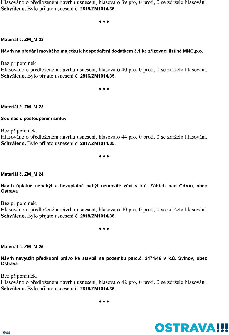 Schváleno. Bylo přijato usnesení č. 2816/ZM1014/35. Materiál č. ZM_M 23 Souhlas s postoupením smluv Hlasováno o předloženém návrhu usnesení, hlasovalo 44 pro, 0 proti, 0 se zdrželo hlasování.